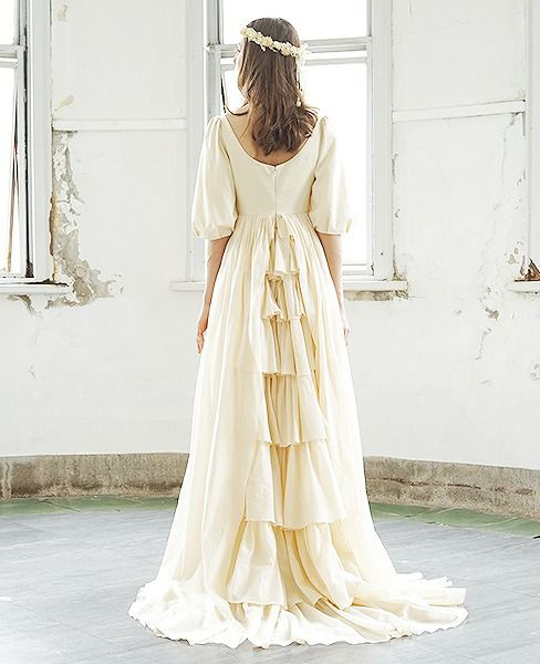 Palm wedding order made.HOSHI オーガニックコットンボリューム袖バックティアードドレス