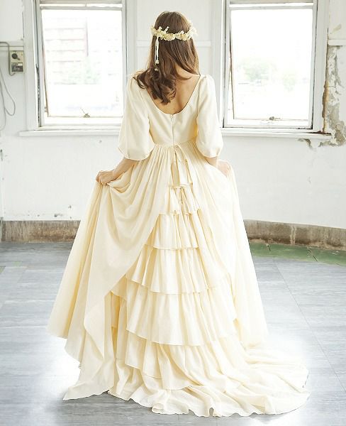 美品 INDESTYL オーガニックコットン ティアードボリュームドレス Palm wedding order made HOSHI オーガニックコットンボリューム袖