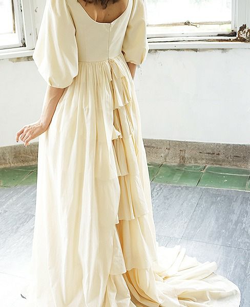 Palm wedding order made.HOSHI オーガニックコットンボリューム袖バックティアードドレス