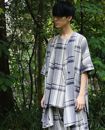 YANTOR.Amunzen Check Haori Coat[Y173CO03/BLUE]