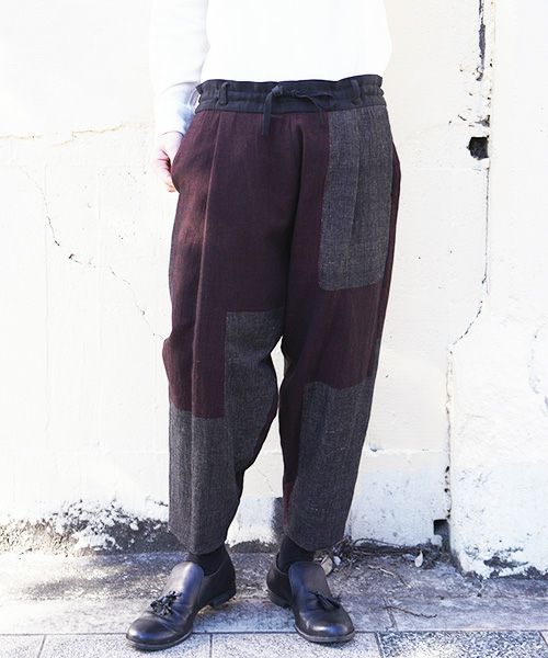 YANTOR ヤントル Block Jamdani Himo Pants[Y203PT03/WINE×CHARCOAL]
