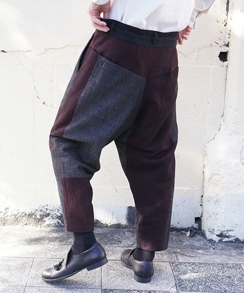 YANTOR ヤントル Block Jamdani Himo Pants[Y203PT03/WINE×CHARCOAL]
