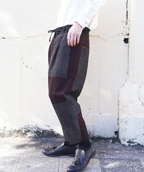 YANTOR ヤントル Block Jamdani Himo Pants[Y203PT03/WINE×CHARCOAL]