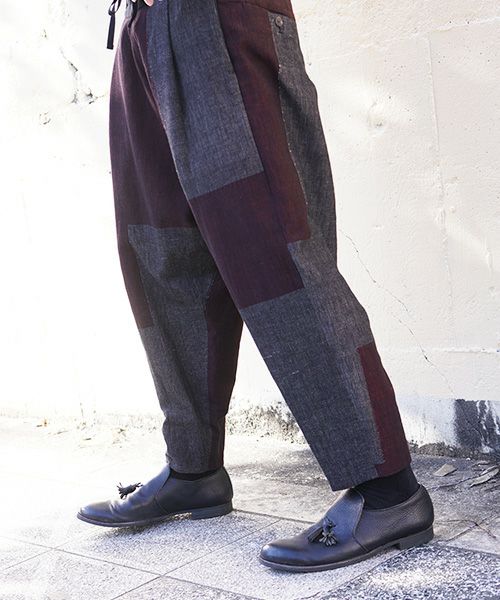 YANTOR ヤントル Block Jamdani Himo Pants[Y203PT03/WINE×CHARCOAL]