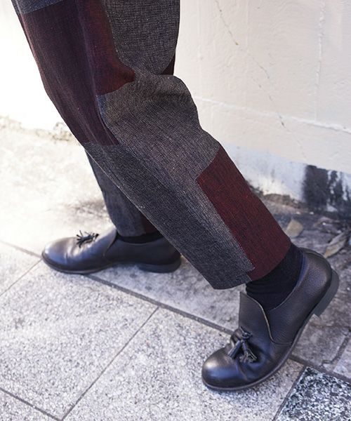 YANTOR ヤントル Block Jamdani Himo Pants[Y203PT03/WINE×CHARCOAL]