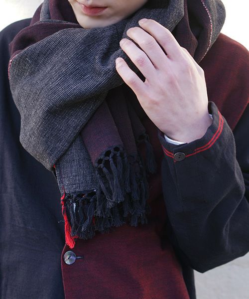 YANTOR ヤントル Block Jamdani Khadi Stole[Y203ST01/WINE×CHARCOAL]