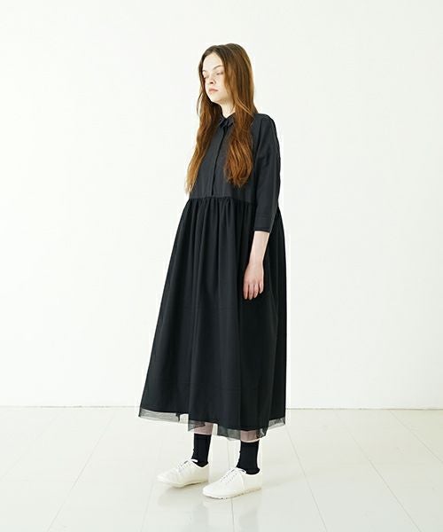 Mochi モチ tulle shirts dress[ms24-op-04/black] チュールシャツドレス