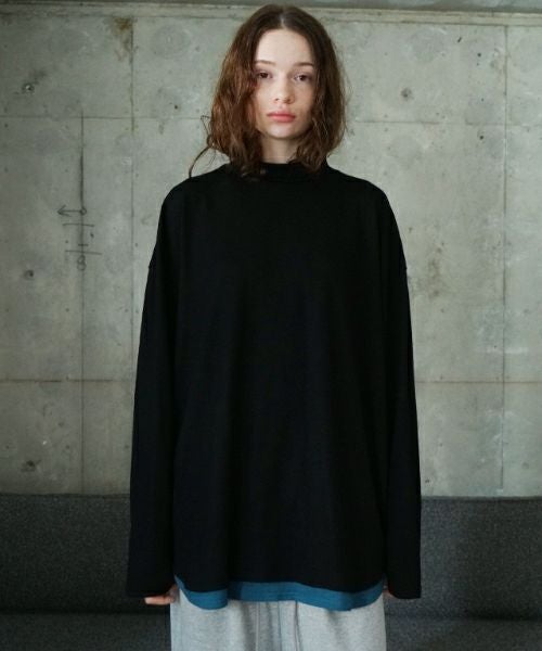 VU ヴウ petite high neck layered long knit washable wool  [BLACK×BLUE] vum-kn-02
