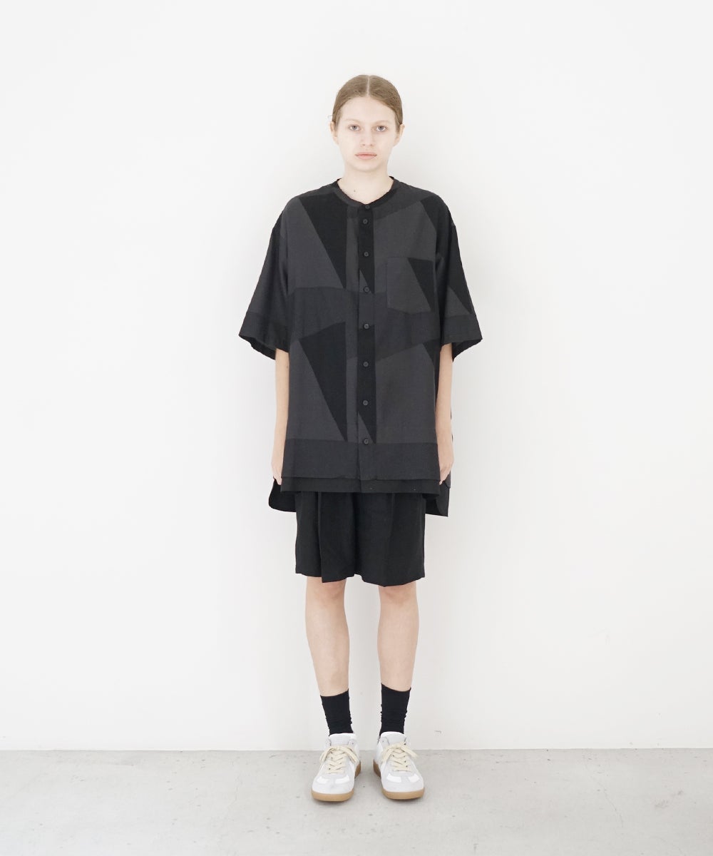 VUm ヴウエム layered band collar short shirt[CHARCOAL×BLACK / BLACK］vu-sht-010