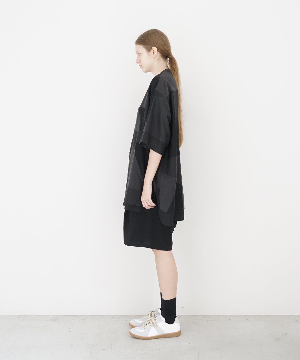 VUm ヴウエム layered band collar short shirt[CHARCOAL×BLACK / BLACK］vu-sht-010