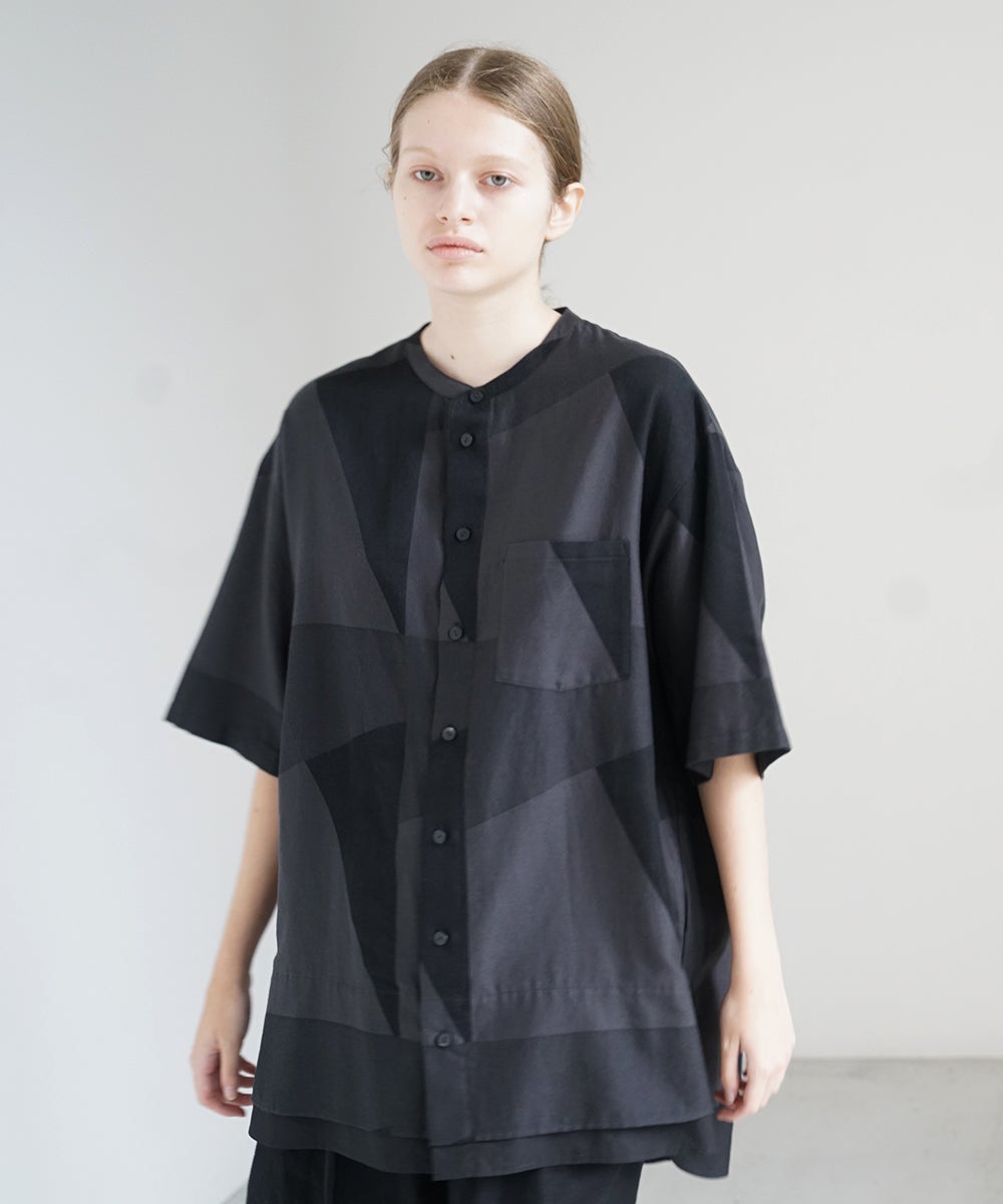 VUm ヴウエム layered band collar short shirt[CHARCOAL×BLACK / BLACK］vu-sht-010