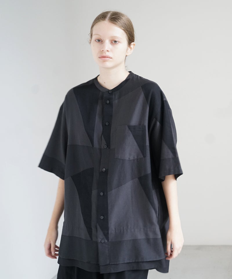 VUm ヴウエム layered band collar short shirt[CHARCOAL×BLACK / BLACK］vu-sht-010